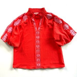 THML Boutique Bright Red Orange Embroidered Short Sleeve Blouse Top